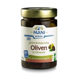 Mani Bläuel - Grüne & Kalamata Oliven in Olivenöl 280g