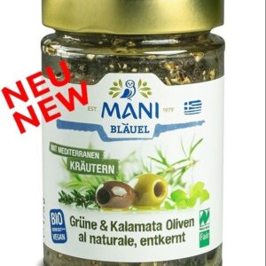 Mani Bläuel - Grüne & Kalamata Oliven al naturale mit  Mediterranen Kräutern, entkernt 175 g